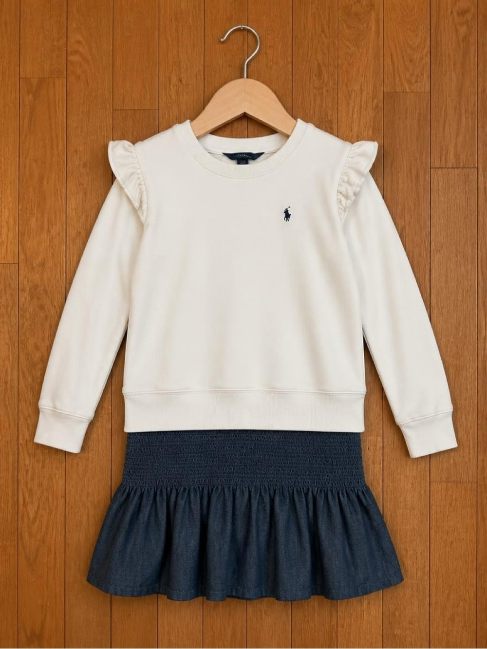 Polo Ralph Lauren Girls Sweatshirt Dress LG 12-14 Ivory Denim Smocked One Piece